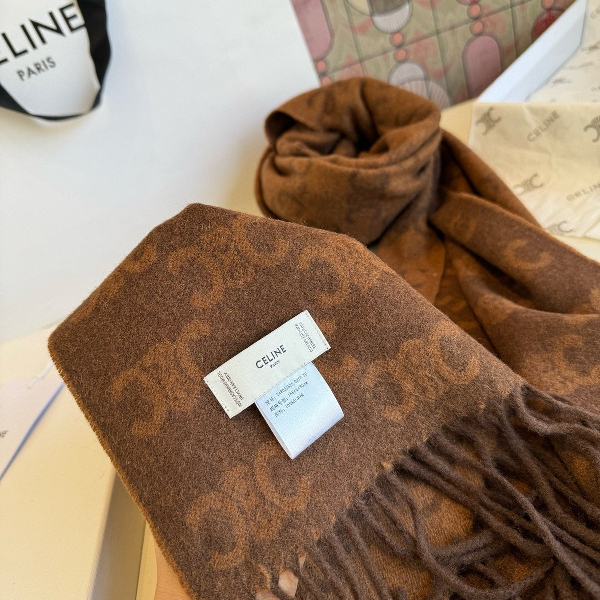 Celine Brown Patterned Fringed Scarf
