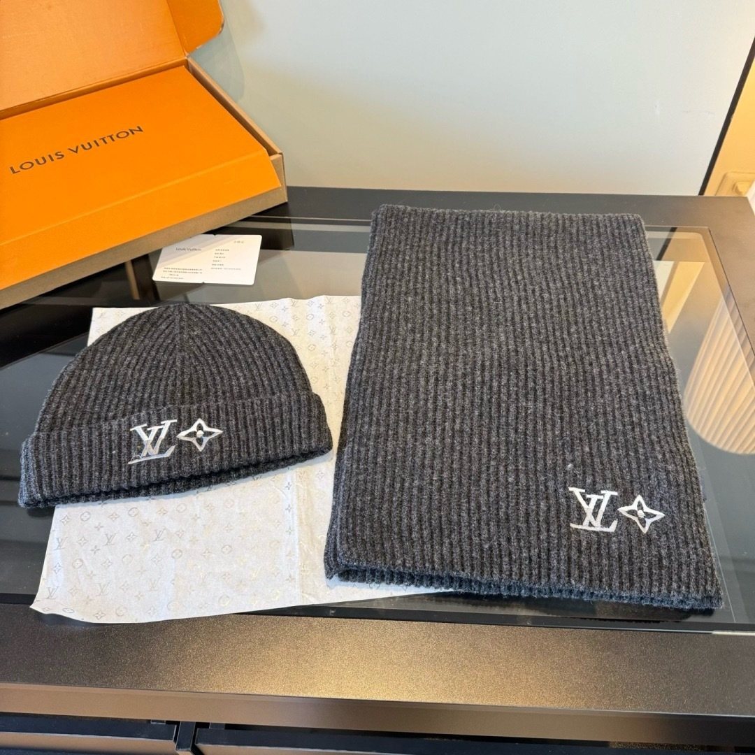 Louis Vuitton Embroidered Monogram Scarf and Beanie Set