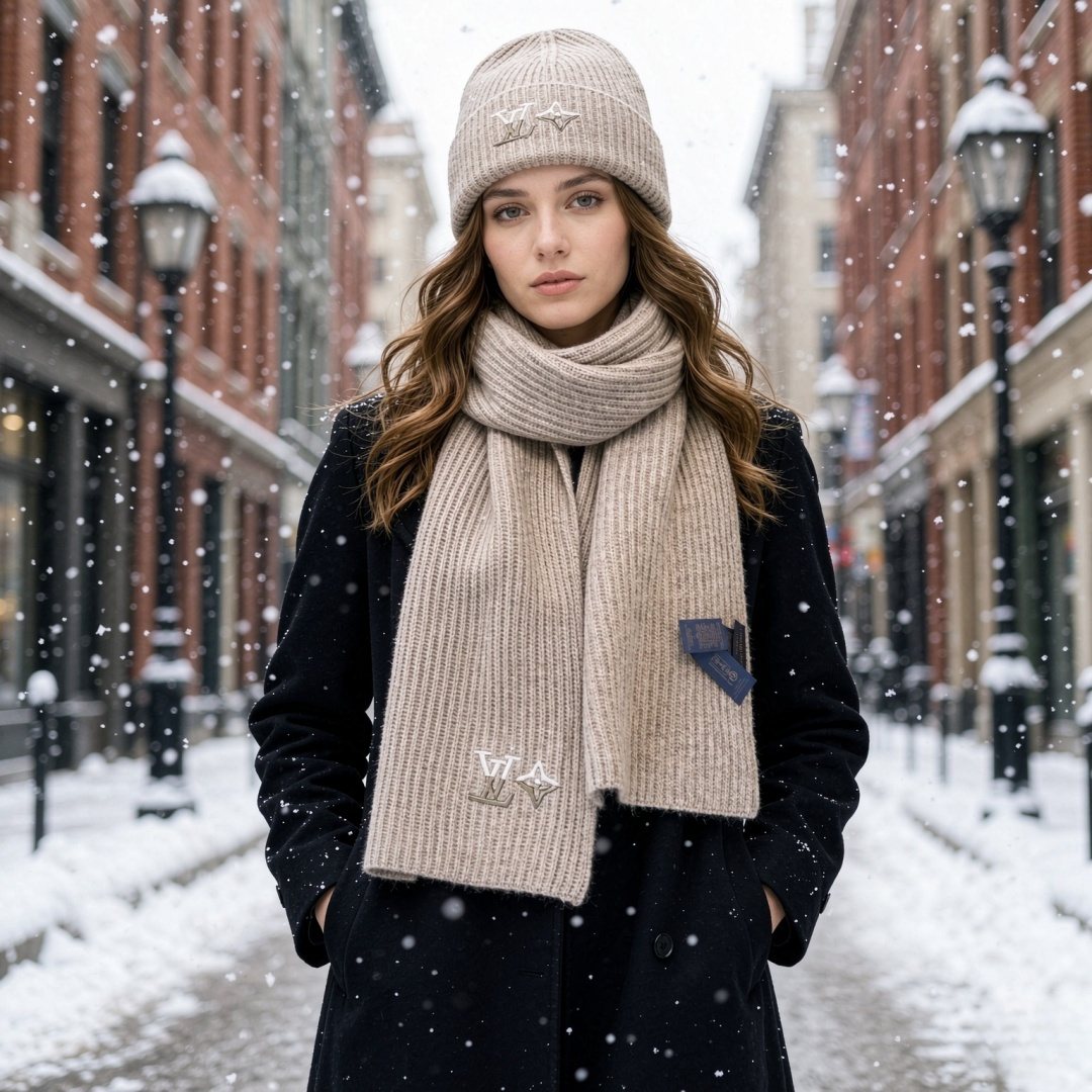 Louis Vuitton Embroidered Monogram Scarf and Beanie Set