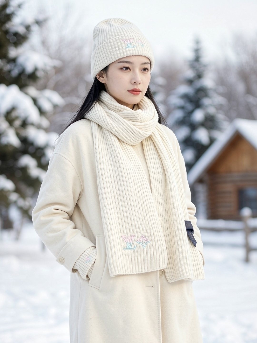 Louis Vuitton Embroidered Monogram Scarf and Beanie Set