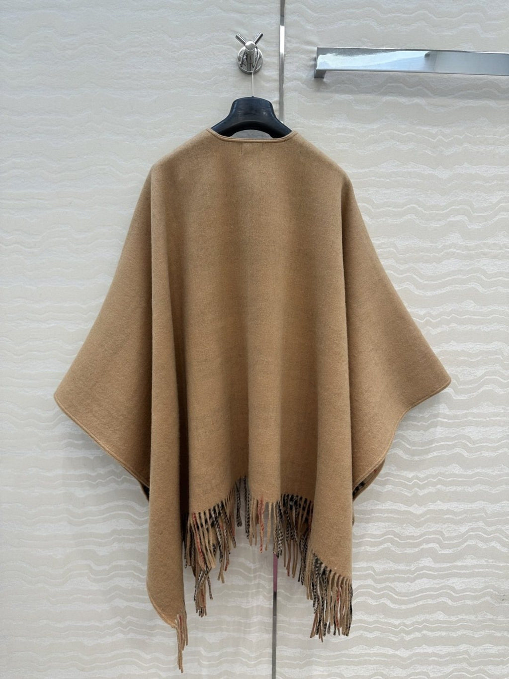 Reversible Plaid Fringed Wrap Cape