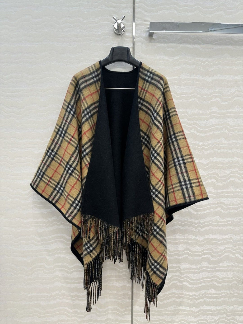 Reversible Plaid Fringed Wrap Cape
