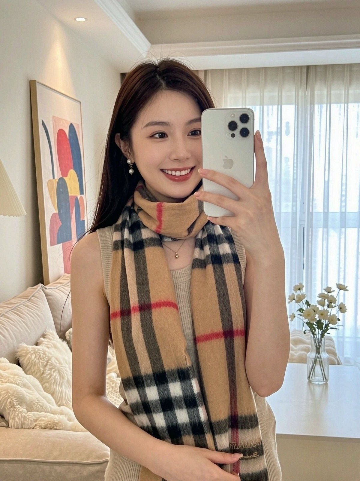 Burberry Blush Pink Plaid Fringed Scarf