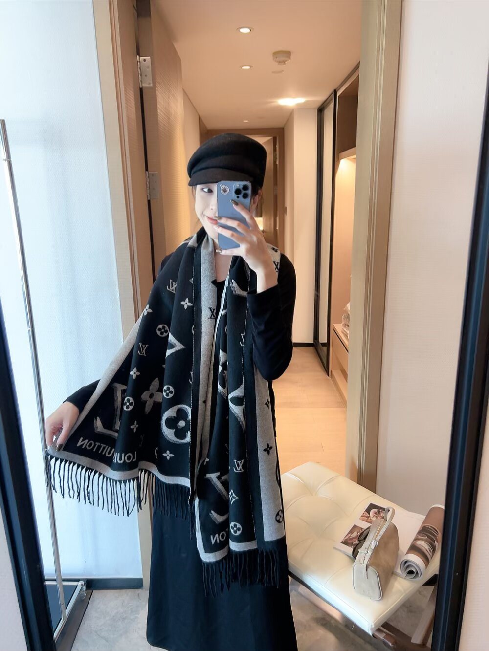 Louis Vuitton Contrast-Letter Monogram Fringed Scarf