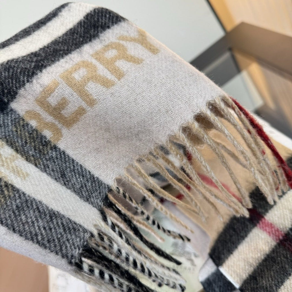 Burberry Lettered Plaid Fringed Scarf