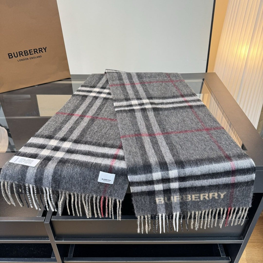 Burberry Lettered Plaid Fringed Scarf