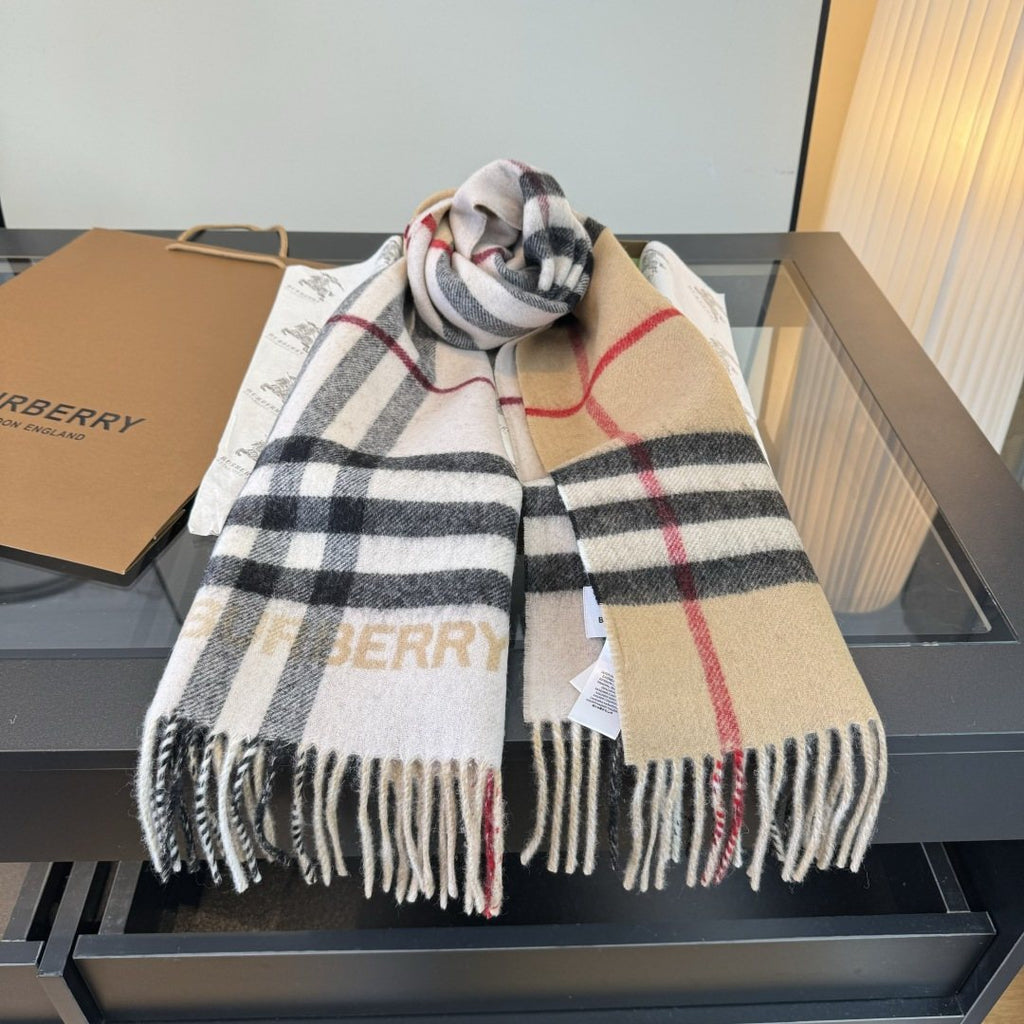 Burberry Lettered Plaid Fringed Scarf