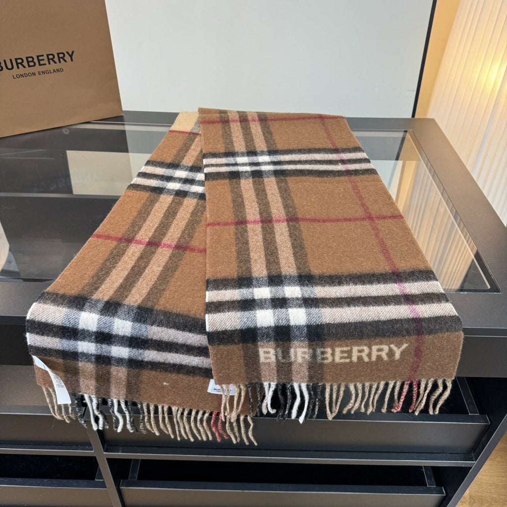 Burberry Lettered Plaid Fringed Scarf