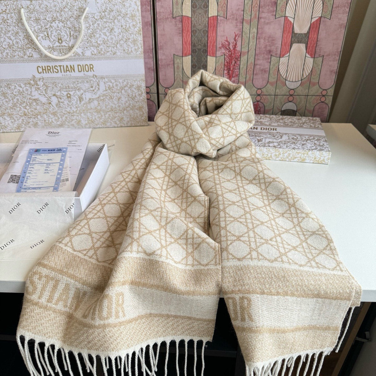 Dior Geometric Woven Scarf with Lettered Border