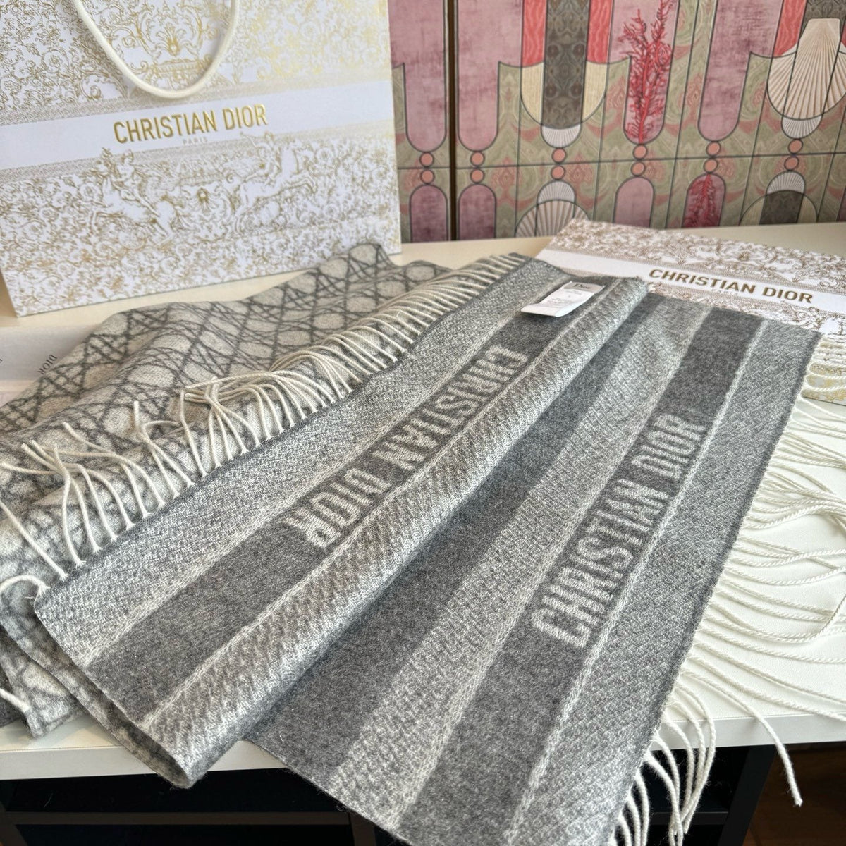 Dior Geometric Woven Scarf with Lettered Border