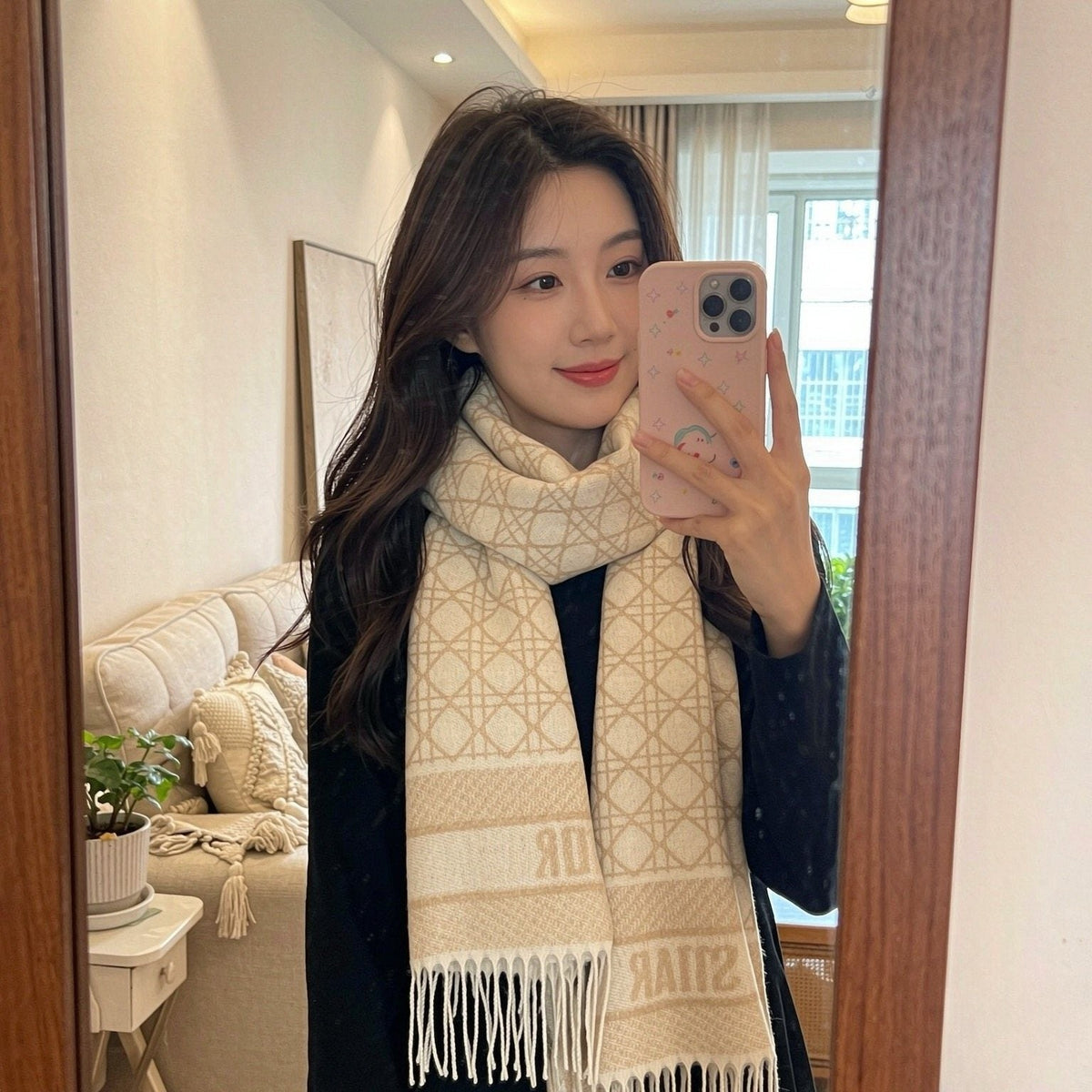Dior Geometric Woven Scarf with Lettered Border