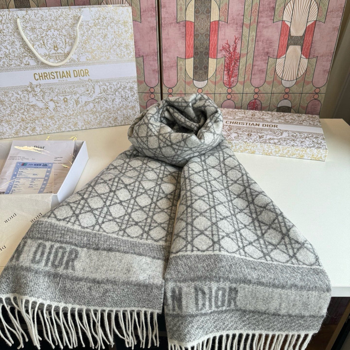 Dior Geometric Woven Scarf with Lettered Border